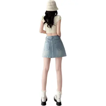 Flowers In Water Denim Short Skirts Women's Light Blue