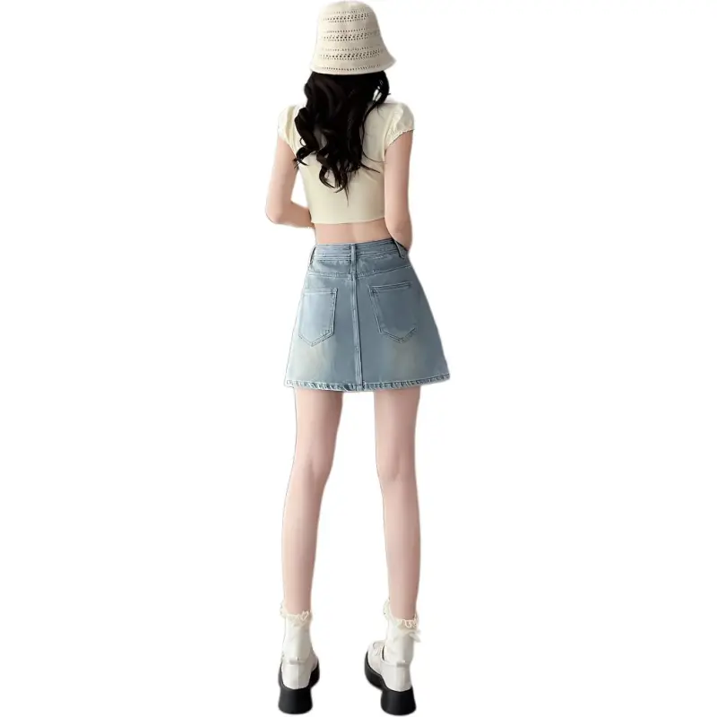 Flowers In Water Denim Short Skirts Women's Light Blue-0
