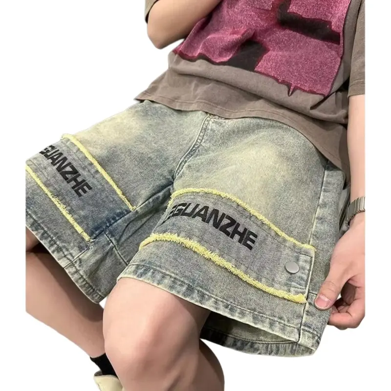 GOODHENLCE Denim Shorts Unisex Yellow Mud Letter Version-3