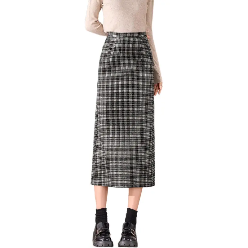 Weixi Casual Long Skirts Women's Black White Plaid-6