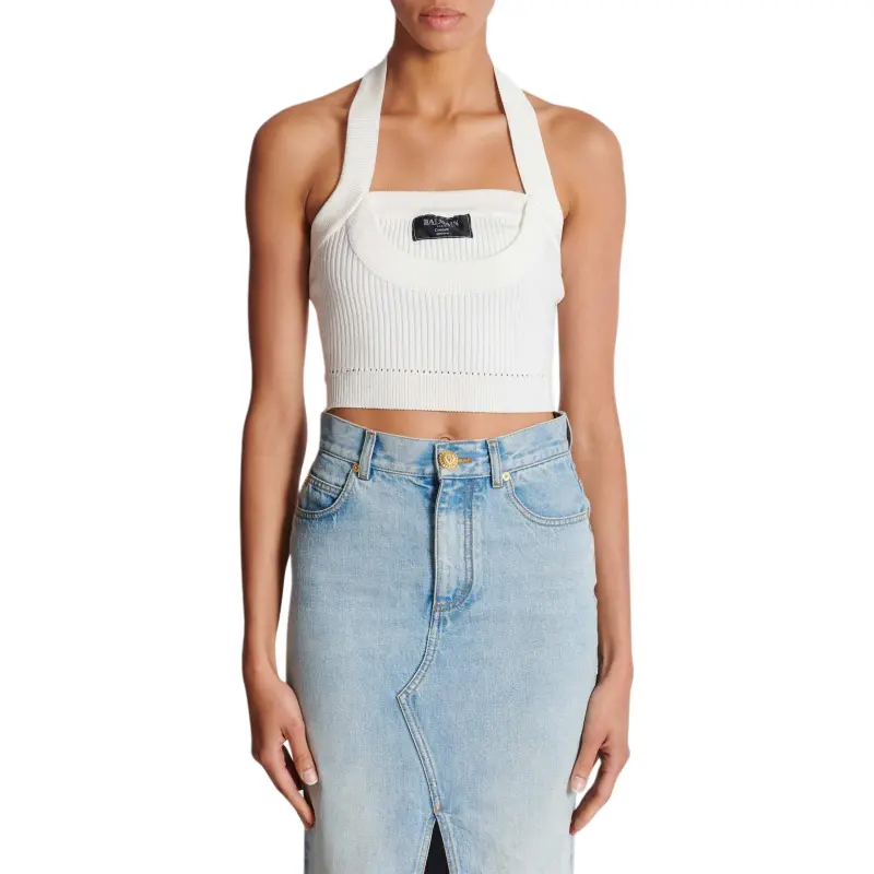BALMAIN Ribbed Knit Halterneck Top-1