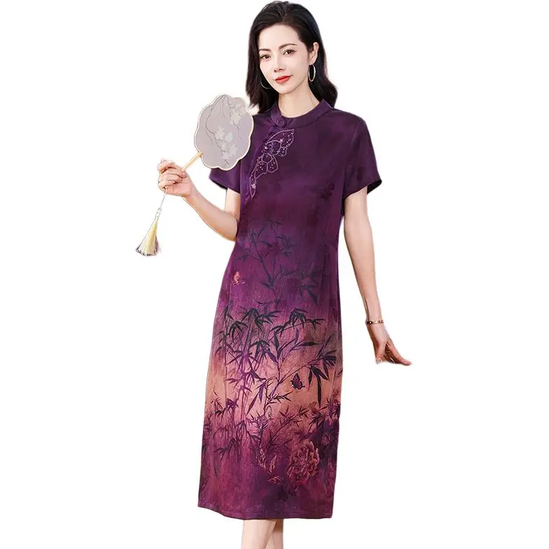 Yi Mengyuan Silk Short Sleeved Dress Women's Purple-1
