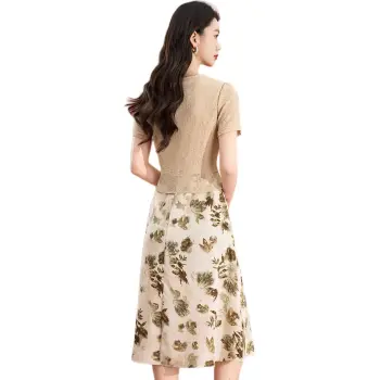 Mylan Short Sleeved Dress Cinched Waist Women's Apricot
