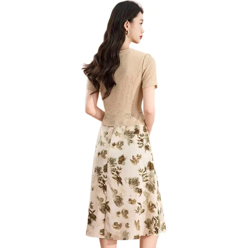 Mylan Short Sleeved Dress Cinched Waist Women's Apricot-0
