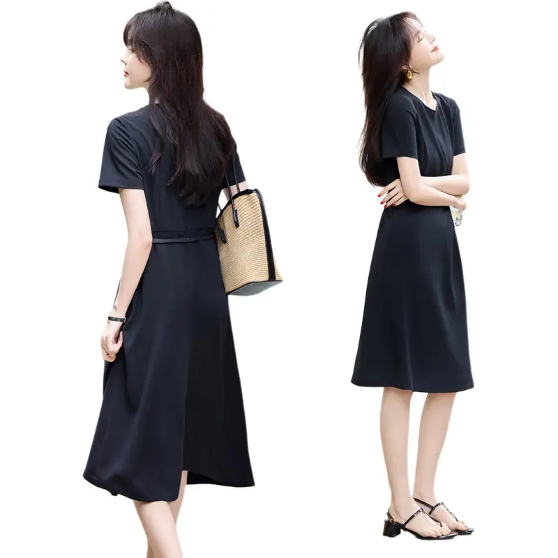 Mo Han Yi Mei Short Sleeved Dresses Women's Navy Blue-3