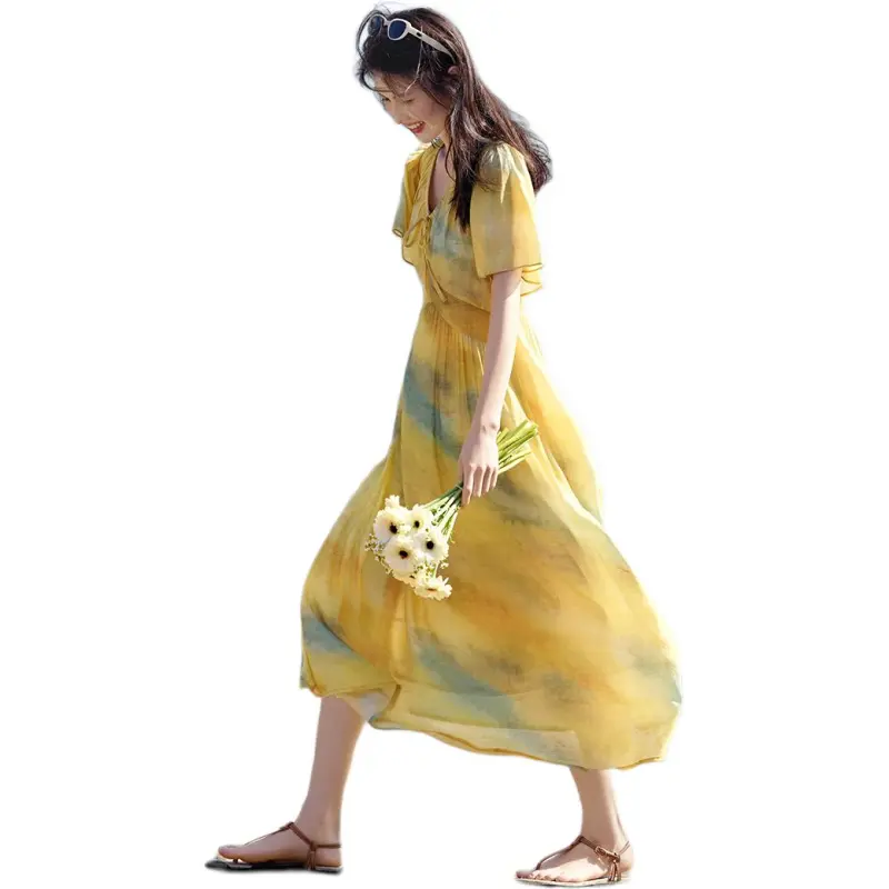 XWI Short Sleeved Dress Women's Yellow Green Blended-2