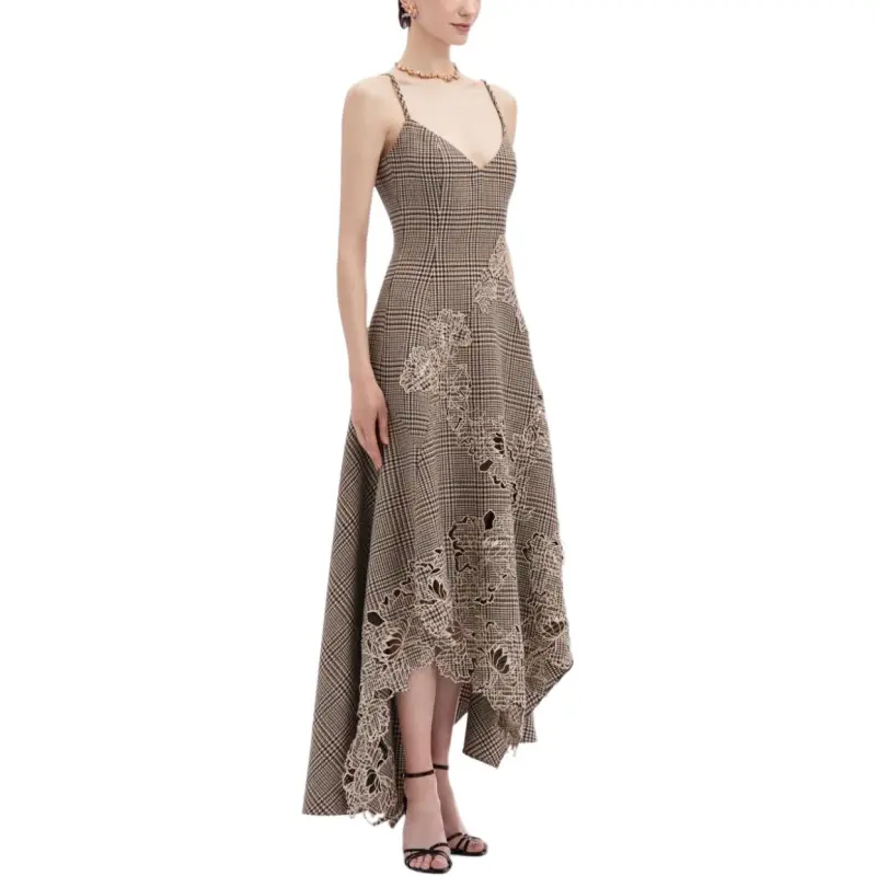 Oscar De La Renta Peony Guipure-appliqué Plaid V-Neck Dress-3