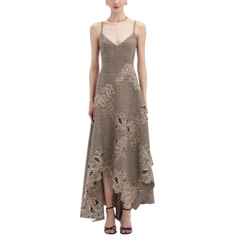 Oscar De La Renta Peony Guipure-appliqué Plaid V-Neck Dress-1