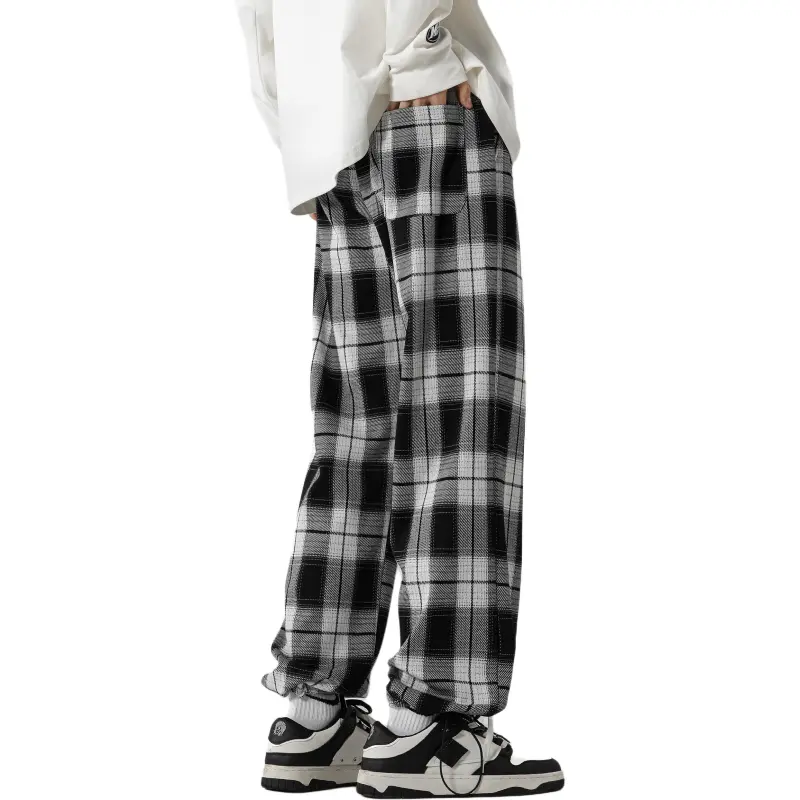 BTR Casual Pants Unisex Black White Plaid-1