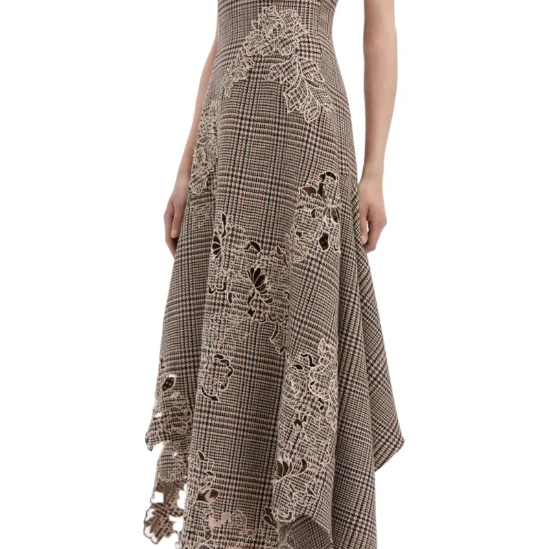 Oscar De La Renta Peony Guipure-appliqué Plaid V-Neck Dress-4