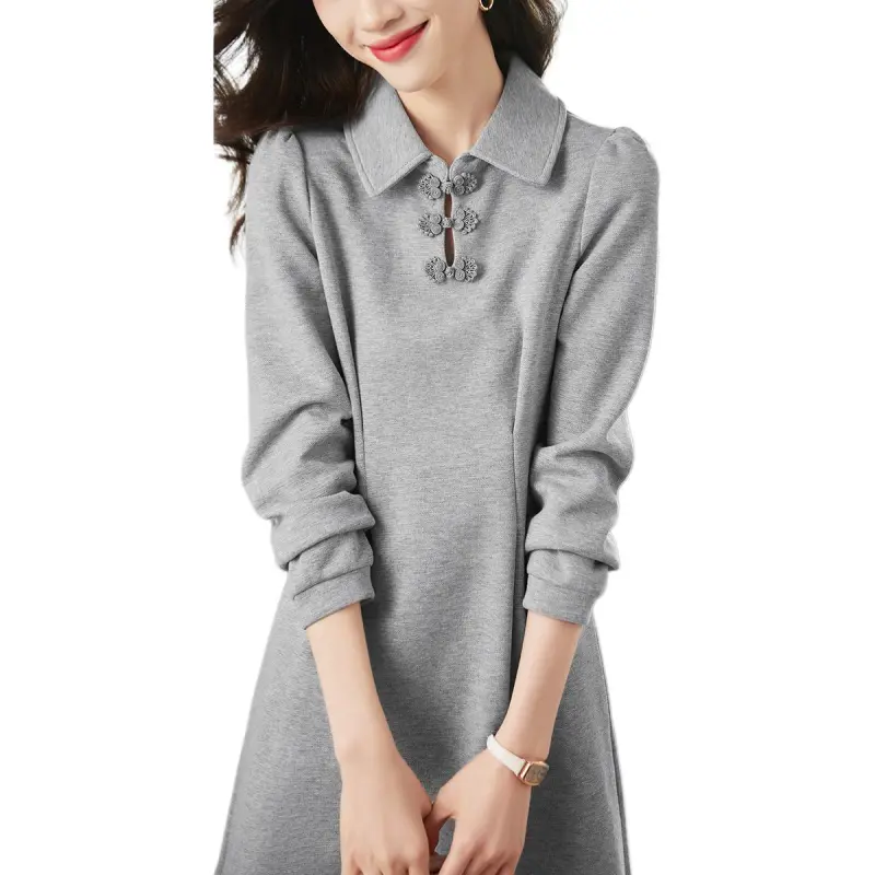 Mo Han Yi Mei Long Sleeved Dress Women's Gray-1