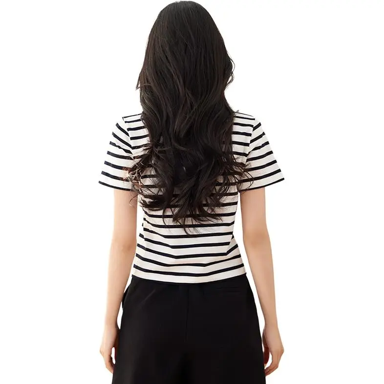 La Chapelle Regular T Shirt Women's Black White Stripes-3