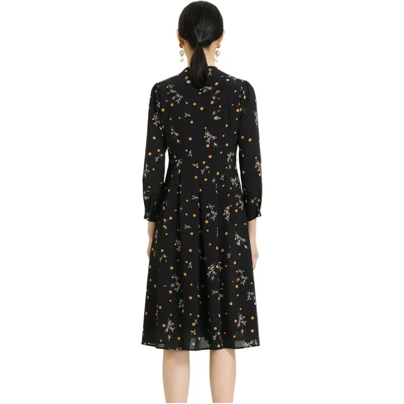 QIAOWANNI 2025 Spring Long Sleeved Dress Women's Yellow Hyacinth Polka Dot Flower-1