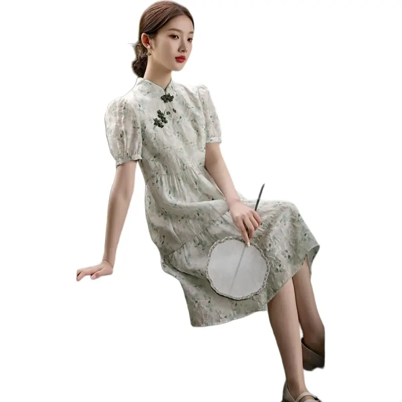 XWI SS24 Short Sleeved Dress Women's Light Green Jacquard-3