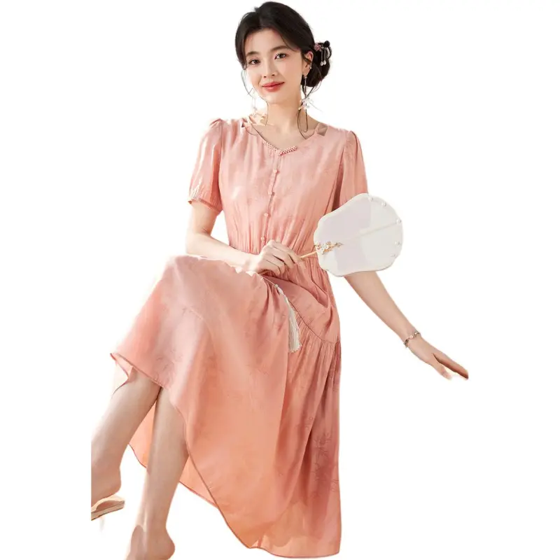Like The Age Of Water Summer Short Sleeved Dress Cinched Waist Women's Pink-1