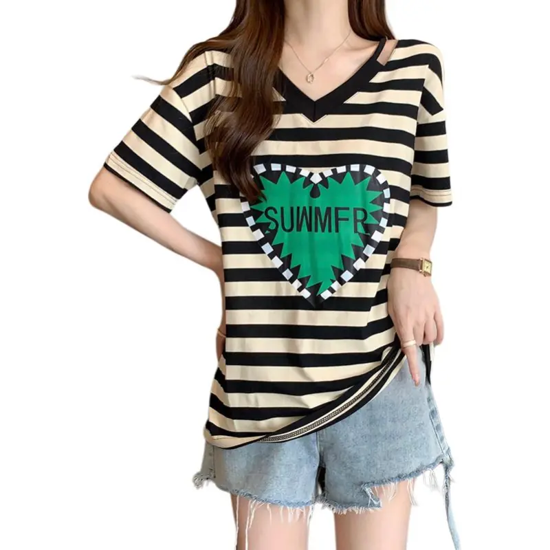 Mu Xiao Xin T Shirts Women's Black Stripes-2