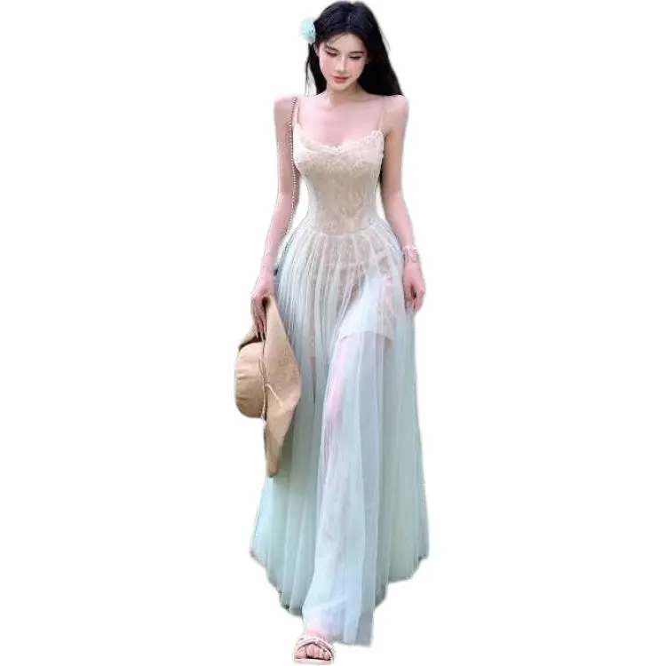 Mu Xiao Xin Slip Dresses Women's Cinnamon Milk Green-1