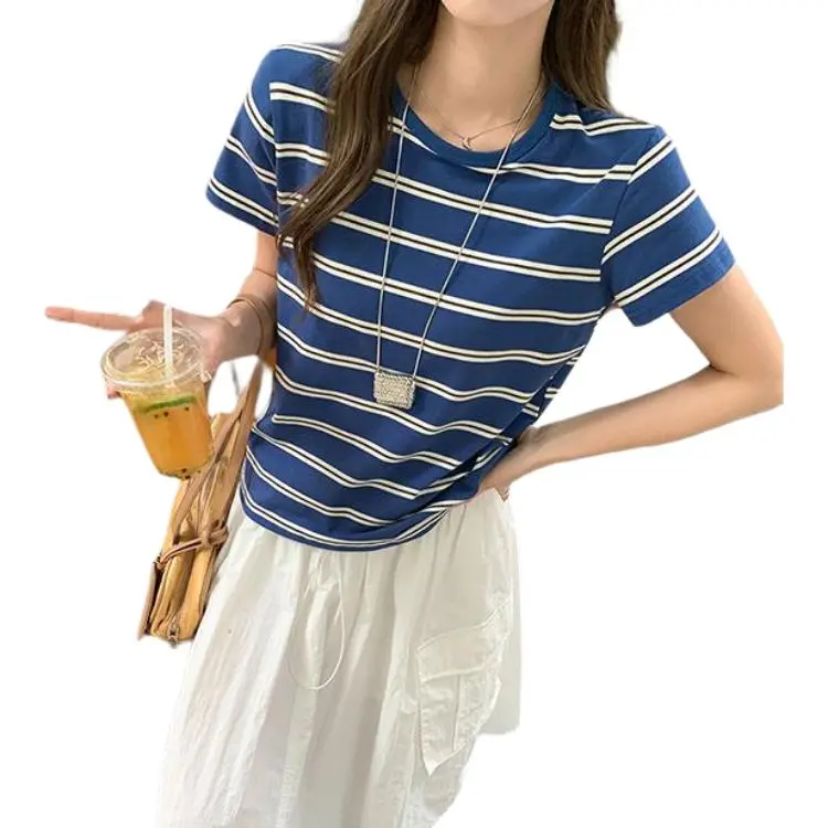 Mu Xiao Xin T Shirt Women's Blue Stripes-2