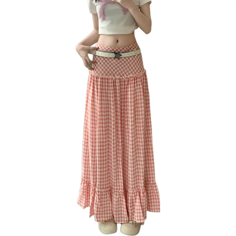 Mu Xiao Xin Casual Long Skirt Women's Pink Plaid-2
