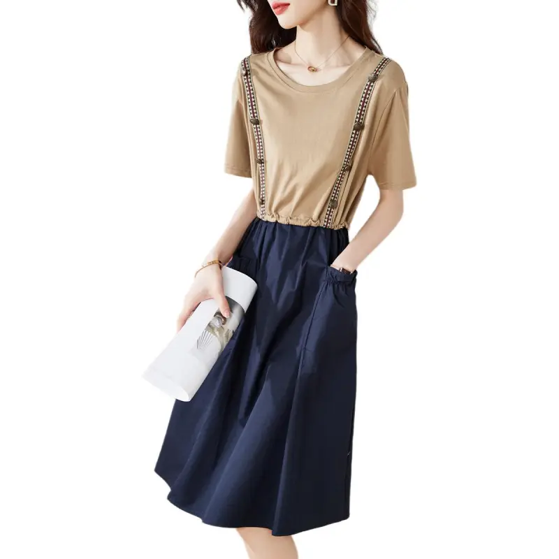 Mo Han Yi Mei Short Sleeved Dress Women's Khaki & Navy Blue-1