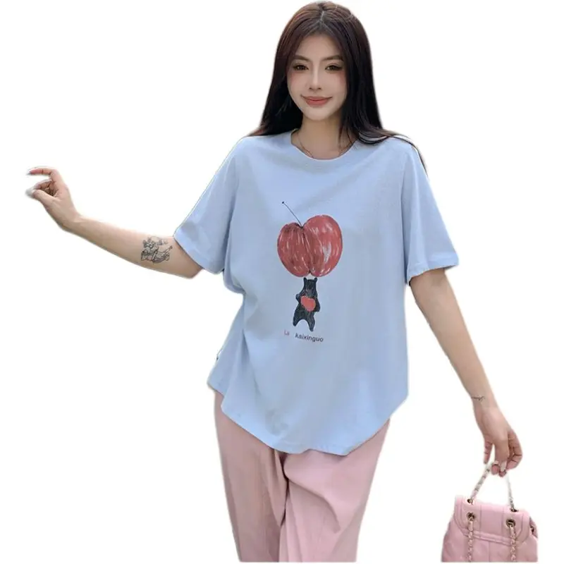 Mu Xiao Xin T Shirt Women's Blue Apple Heart Bear T Shirt-3