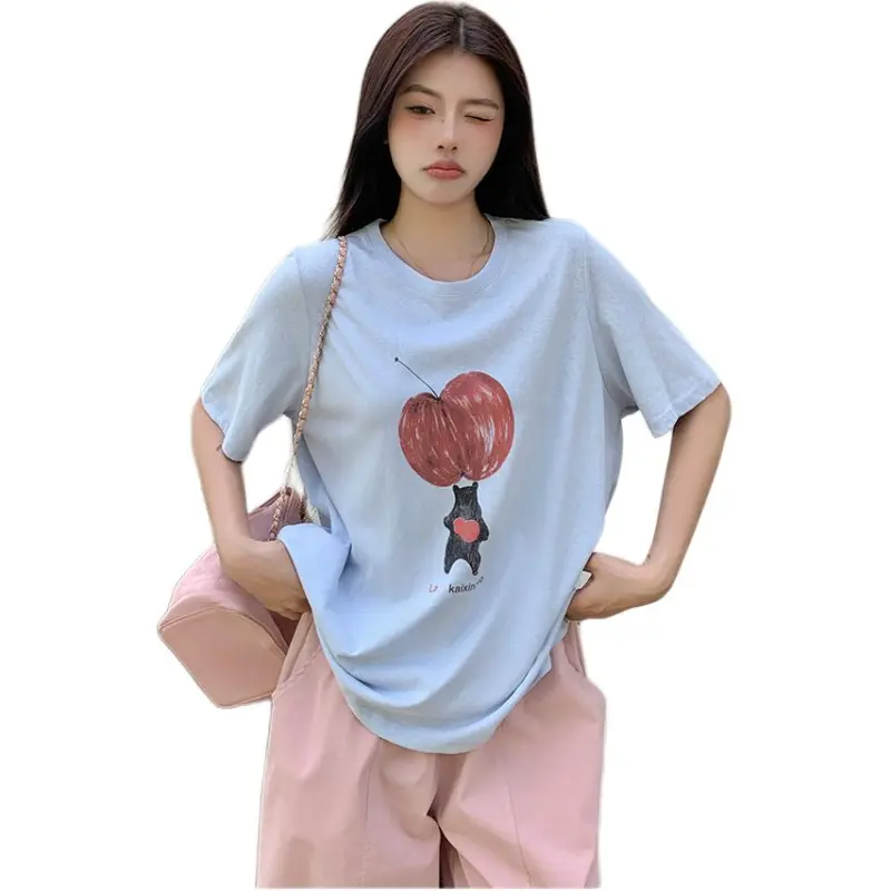 Mu Xiao Xin T Shirt Women's Blue Apple Heart Bear T Shirt-1