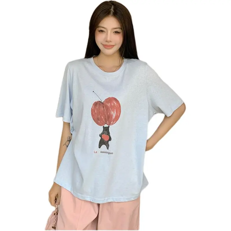 Mu Xiao Xin T Shirt Women's Blue Apple Heart Bear T Shirt-4