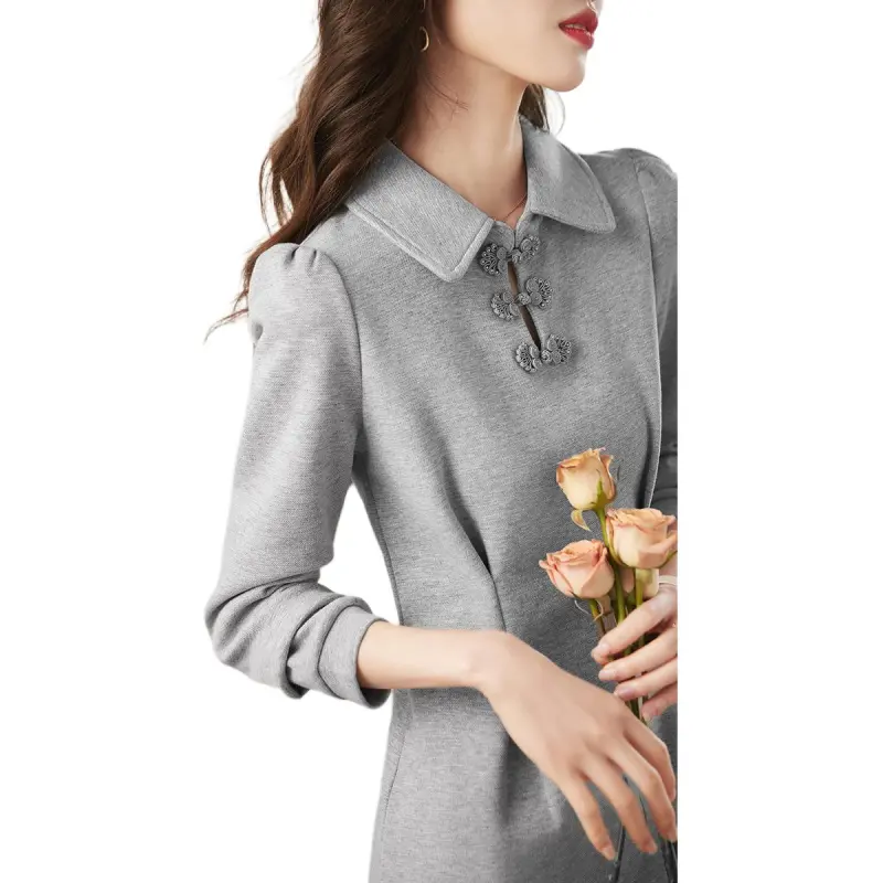 Mo Han Yi Mei Long Sleeved Dress Women's Gray-3