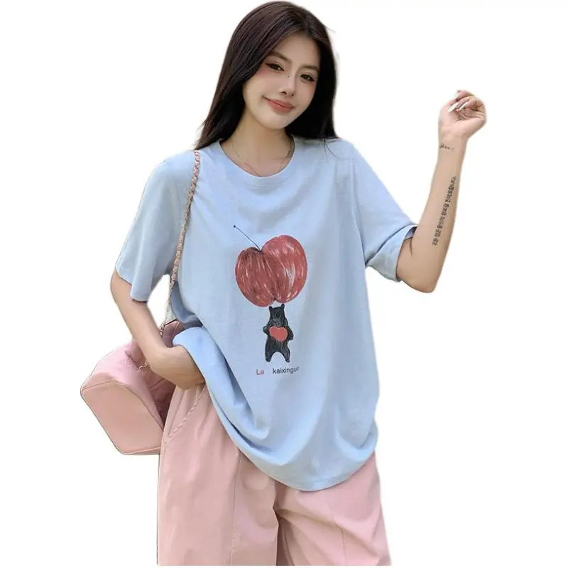 Mu Xiao Xin T Shirt Women's Blue Apple Heart Bear T Shirt-2