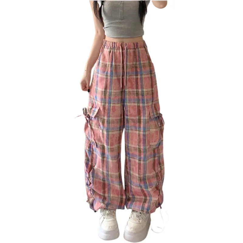 GOSO Casual Pants Women's Pink Blue Plaid-4