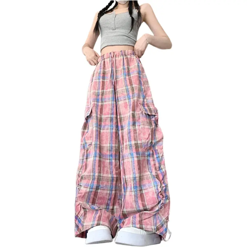 GOSO Casual Pants Women's Pink Blue Plaid-2