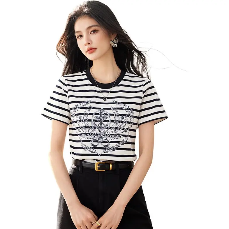 La Chapelle Regular T Shirt Women's Black White Stripes-1