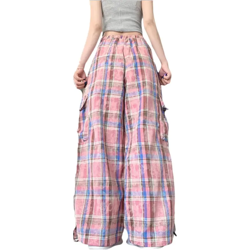 GOSO Casual Pants Women's Pink Blue Plaid-1