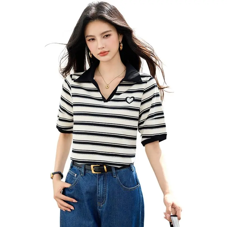 La Chapelle T Shirts Women's Black White Stripes-3