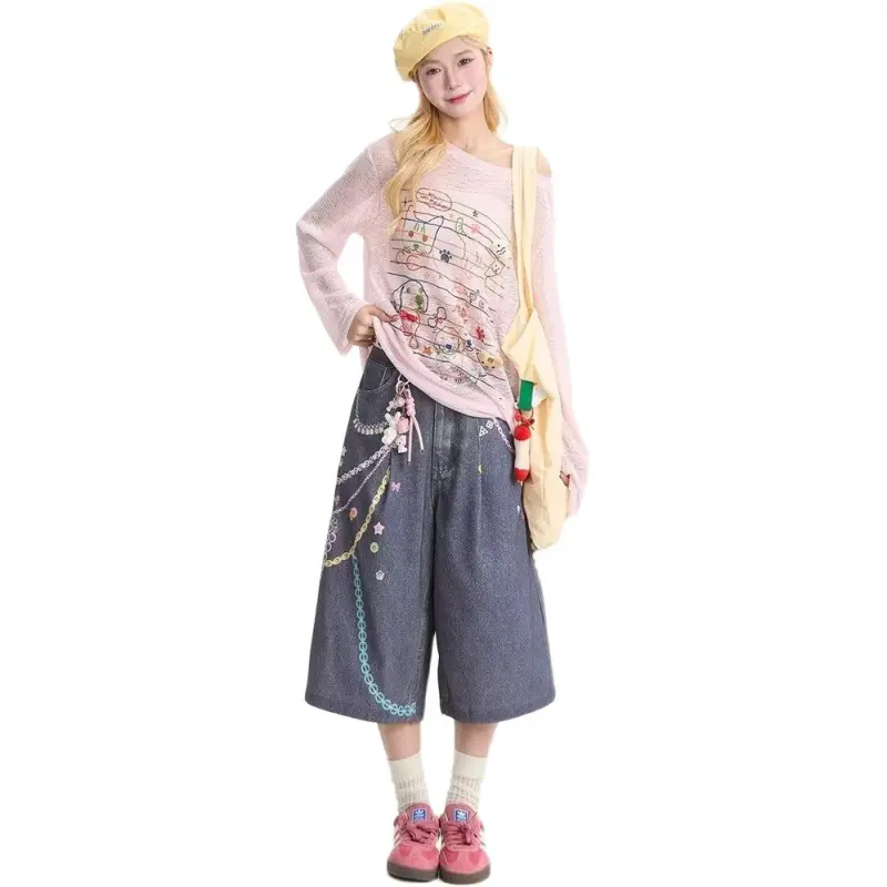 T IRA Denim Shorts Unisex Graffiti Blue-4