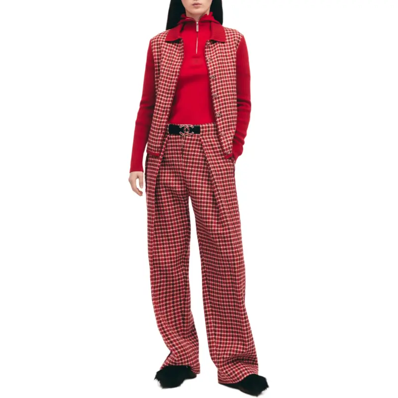 CHANEL 24N Neige Skiing Collection Casual Pants Women's Red Plaid Pattern-1