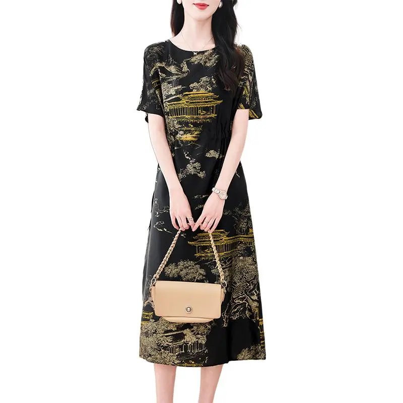 Yi Mengyuan Silk Short Sleeved Dress Women's Black Gold-1