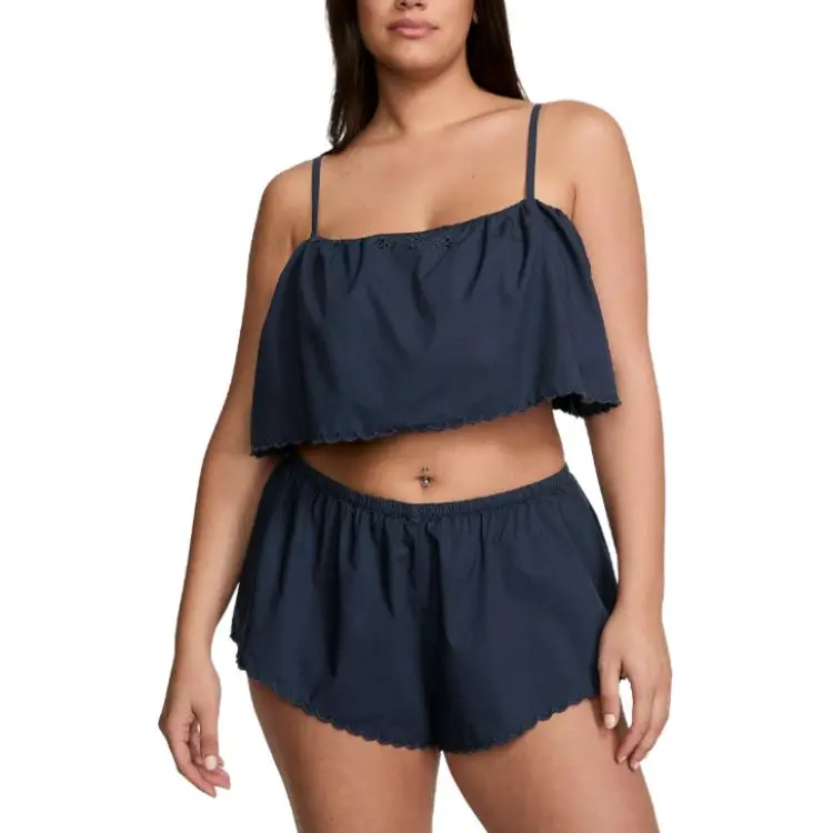 Victoria's Secret PINK Heritage Cotton Eyelet Cami/NN Pajama Set Women's Black Marine Blue-2