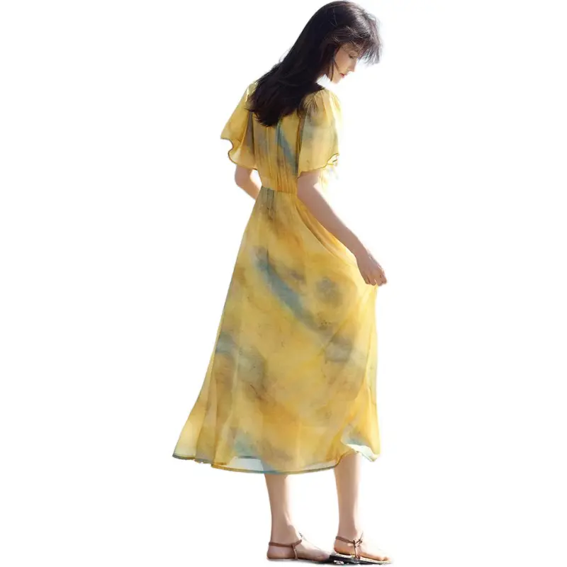 XWI Short Sleeved Dress Women's Yellow Green Blended-3
