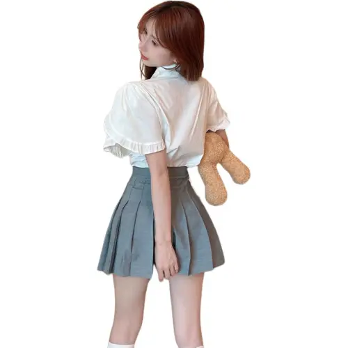 Garbege Skirt Set Women's White Shirt Tie With Gray Skirt