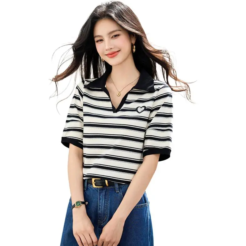 La Chapelle T Shirts Women's Black White Stripes-2