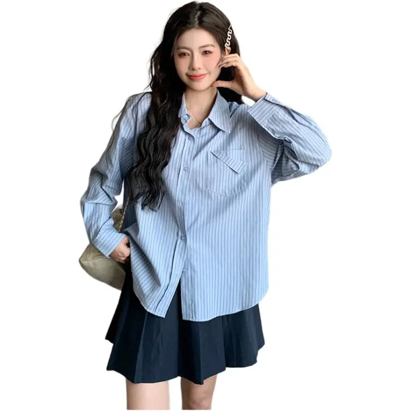 Mu Xiao Xin Shirt Women's Blue Striped Pocket Shirt-1
