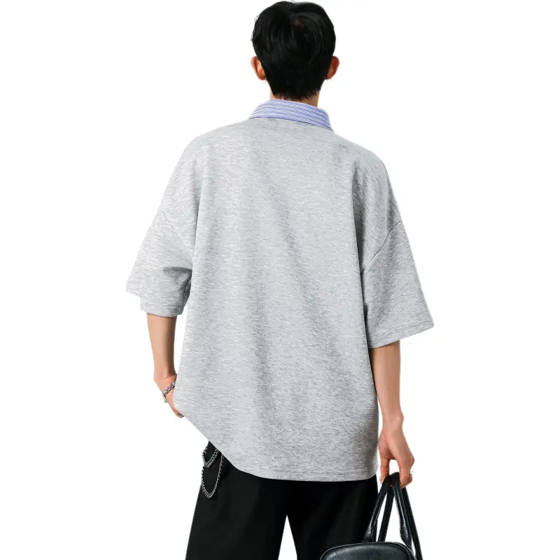 BLANC & ECLARE Comfortable Youth Trendy Polo Mock Two Piece V Neck Design Versatile Plaid T Shirt Unisex-7