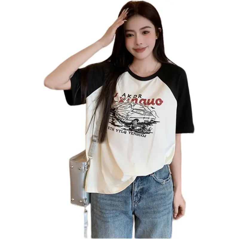 Mu Xiao Xin T Shirt Women's Letter Black White Car T Shirt-4