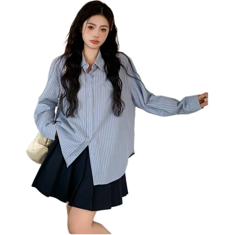 Mu Xiao Xin Shirt Women's Blue Striped Pocket Shirt-2