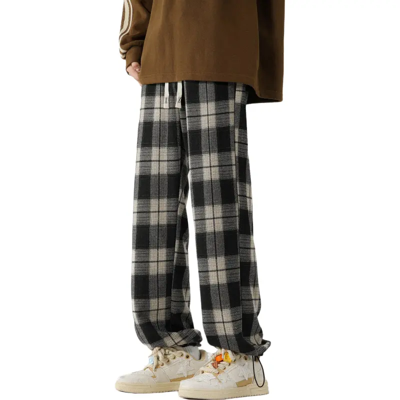 BTR Casual Pants Unisex Black White Plaid-5