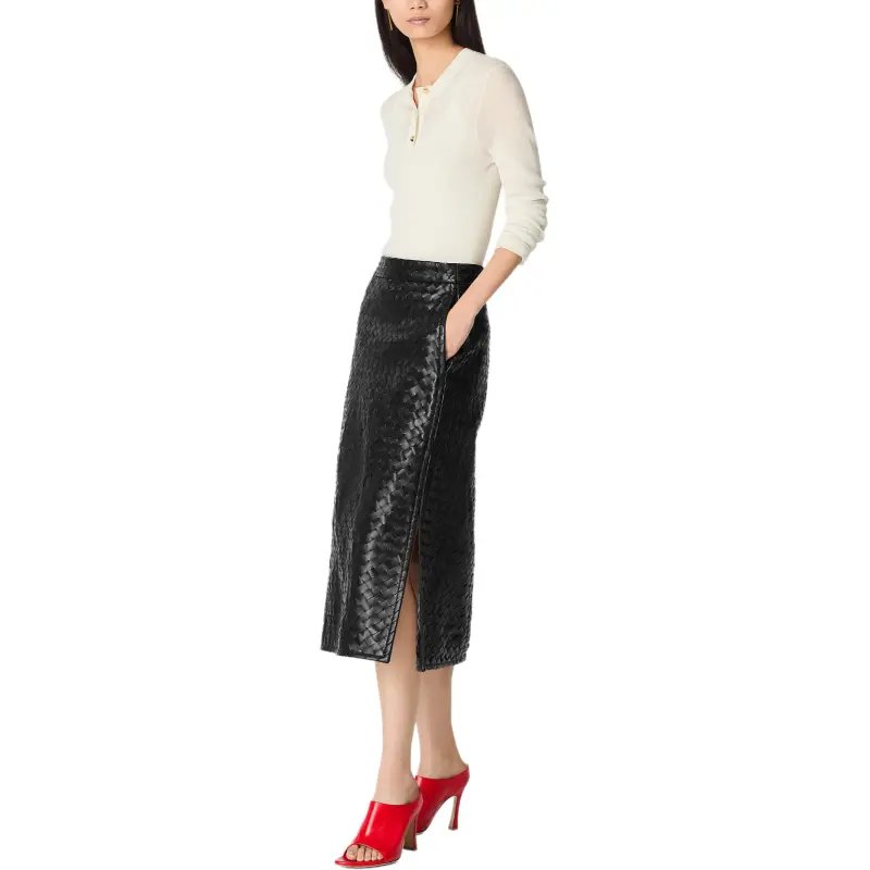 Bottega Veneta SS25 Leather Long Skirt Women's Black-2