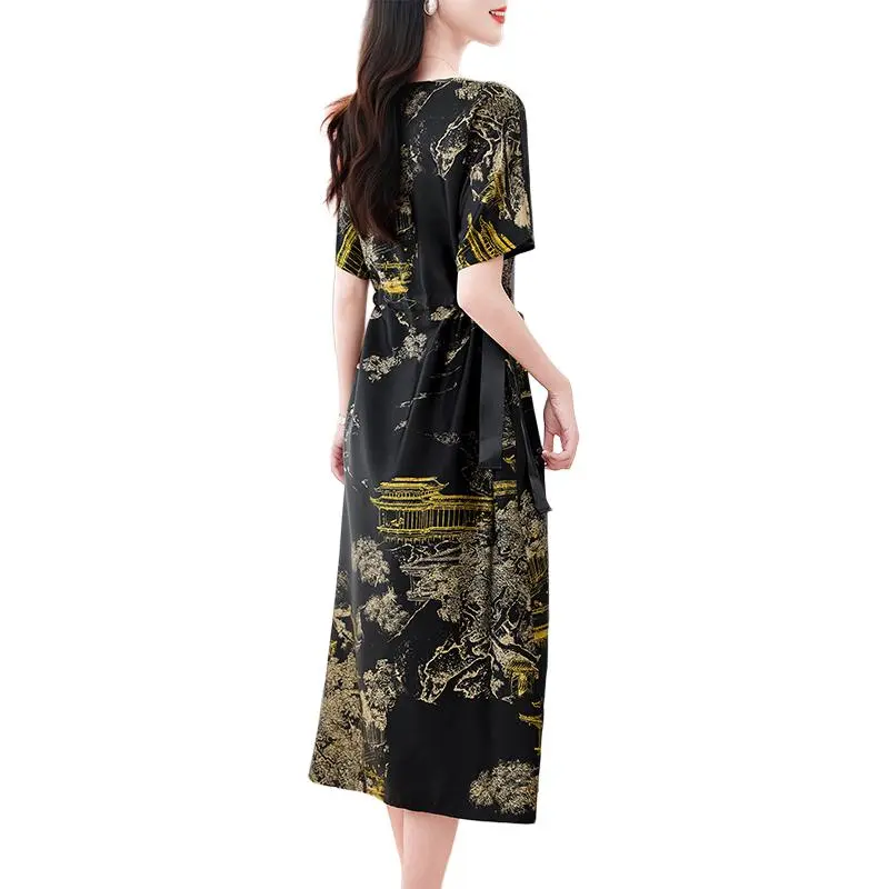Yi Mengyuan Silk Short Sleeved Dress Women's Black Gold-2