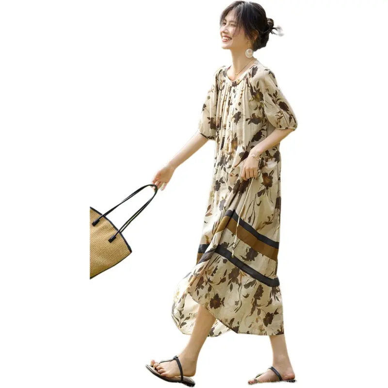 XWI Short Sleeved Dress Women's Beige With Floral Coffee-1