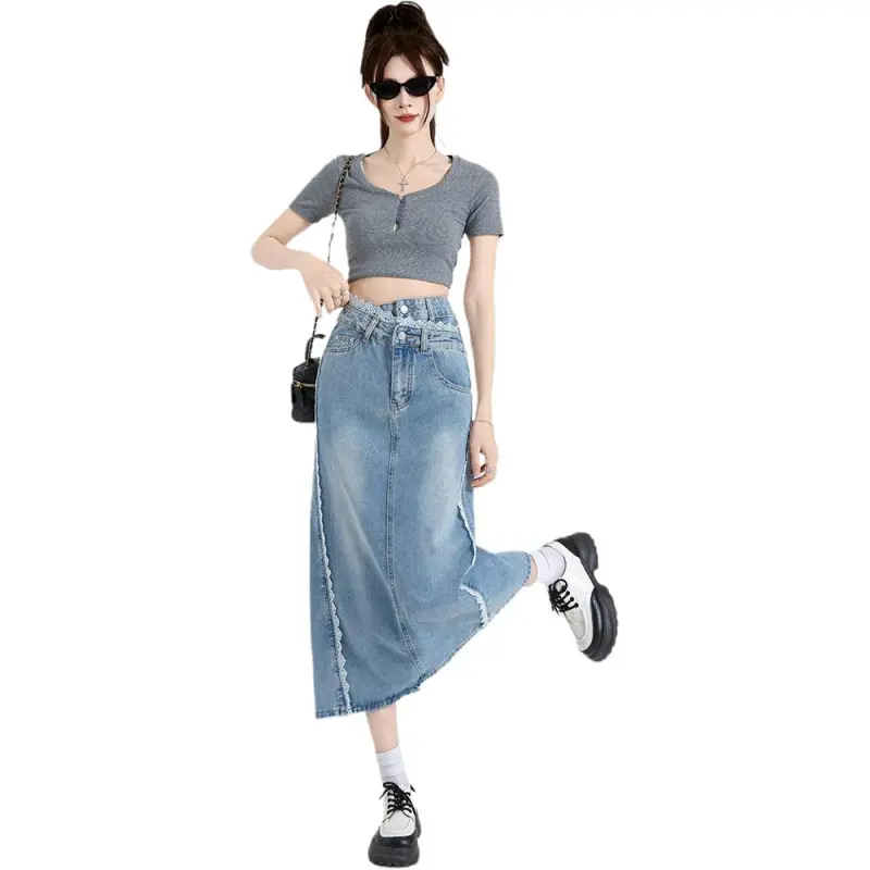 Mu Xiao Xin Denim Long Skirt Women's Light Blue-3